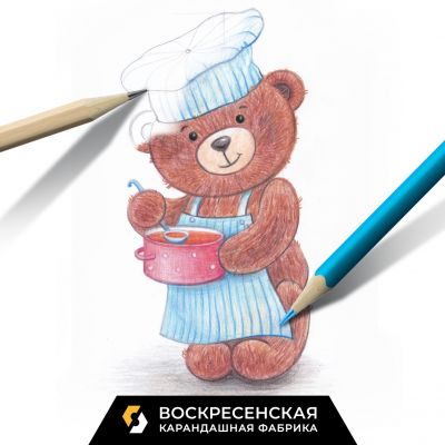 Графика цветными карандашами. Мишка повар